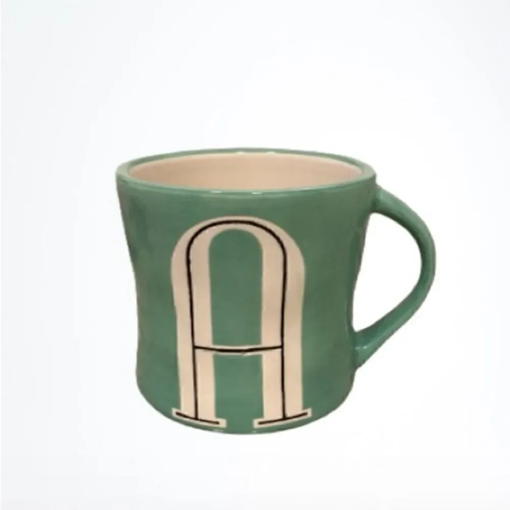 Anthropologie Hand Painted Letter A Monogram Green Ceramic Coffee Tea Mug